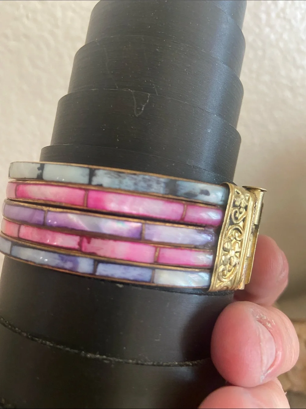 Vintage 70s Brass Mother of Pearl Inlay Hinged Bangle Bracelet
